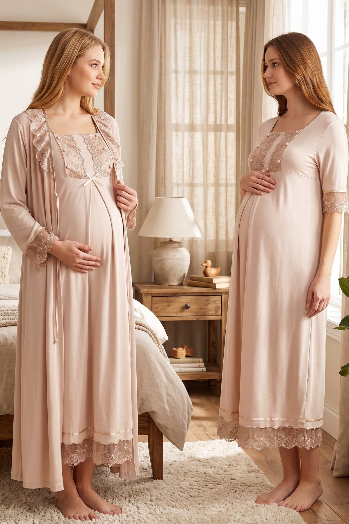 Lace Embroidered Maternity Feeding-Friendly Nightgown & Robe Set Mink - T6035