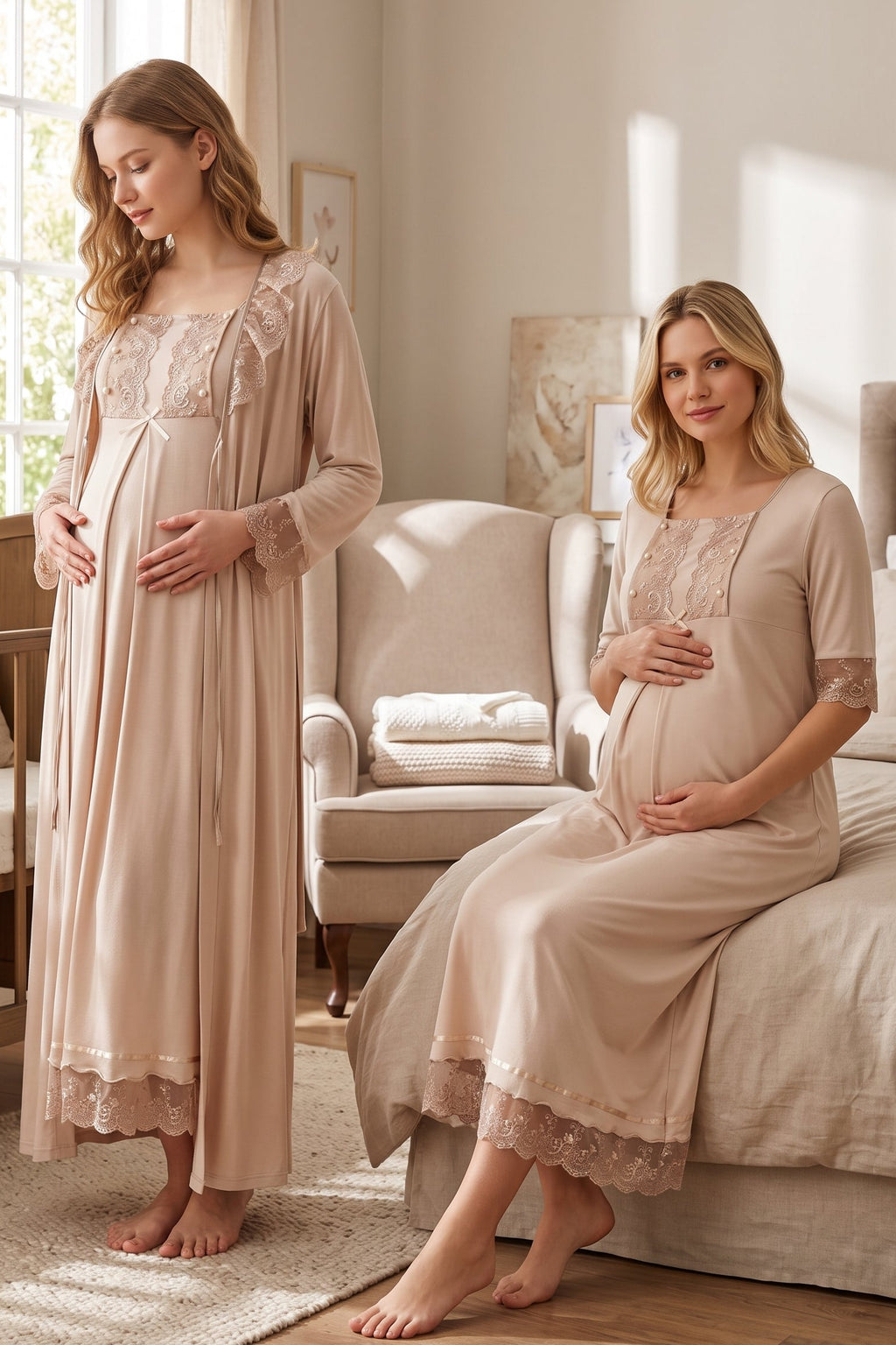 Lace Embroidered Maternity Feeding-Friendly Nightgown & Robe Set Mink - T6035