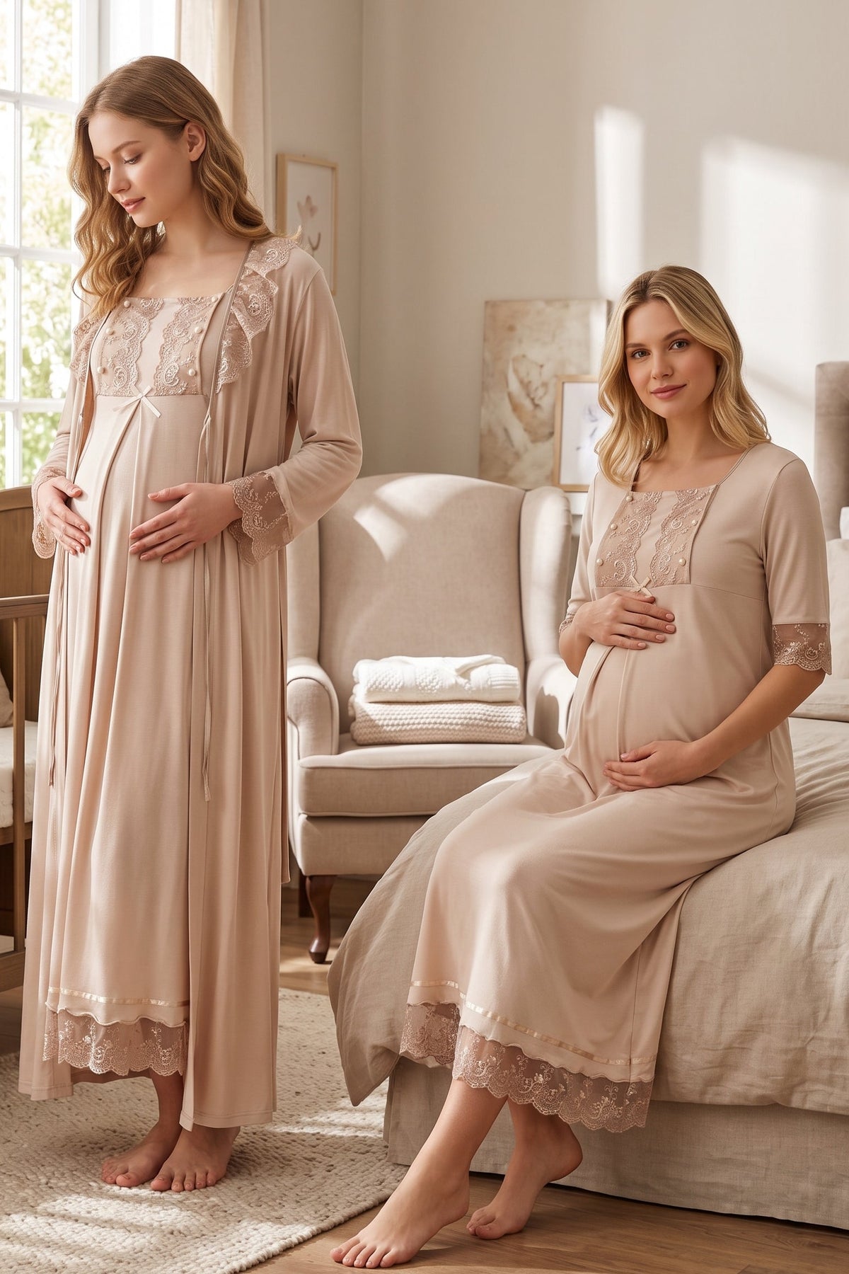 Lace Embroidered Maternity Feeding-Friendly Nightgown & Robe Set Mink - T6035