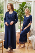 Lace Embroidered Maternity Feeding-Friendly Nightgown & Robe Set Navy Blue - T6035