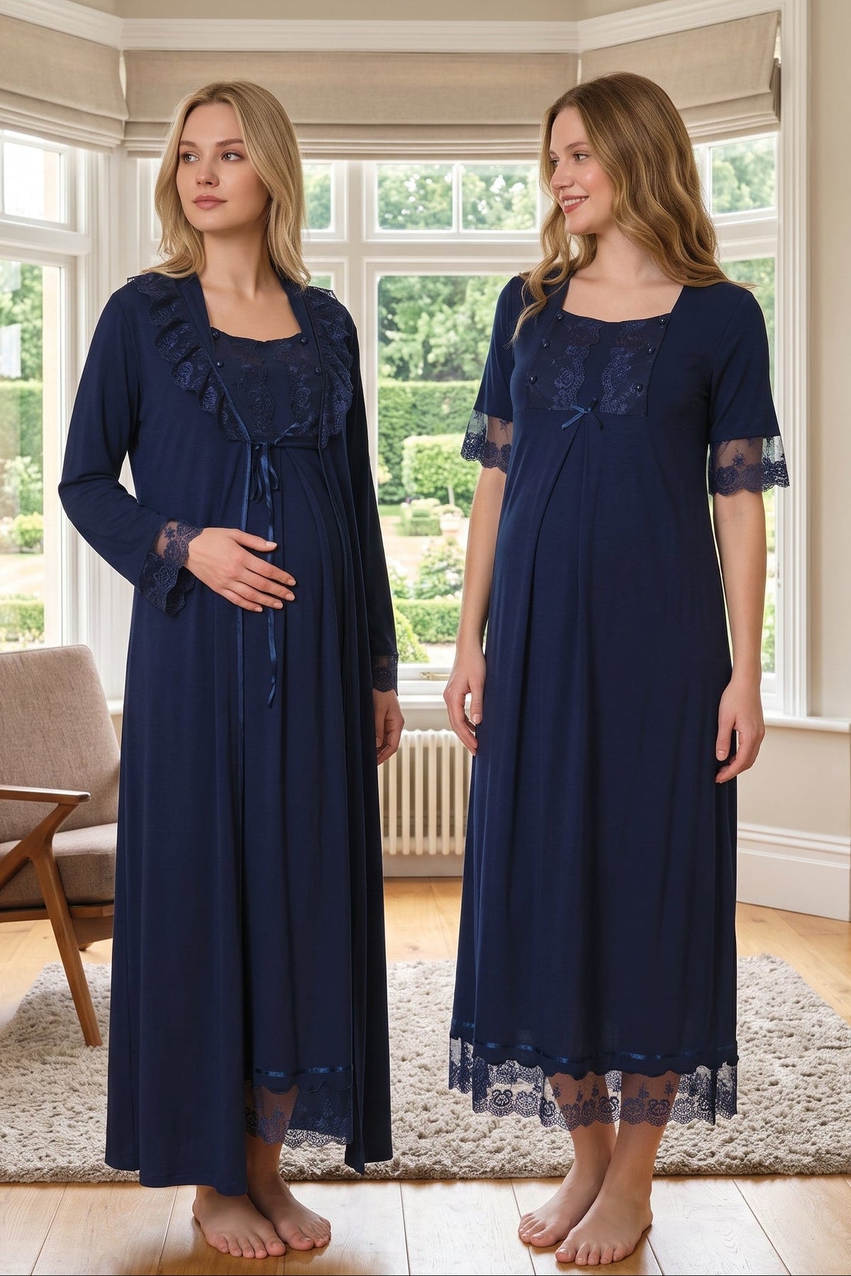 Lace Embroidered Maternity Feeding-Friendly Nightgown & Robe Set Navy Blue - T6035