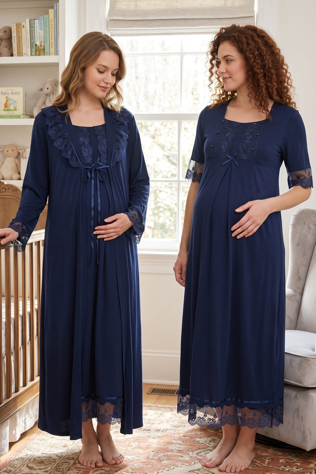 Lace Embroidered Maternity Feeding-Friendly Nightgown & Robe Set Navy Blue - T6035