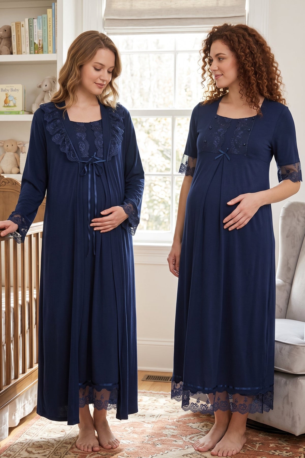 Lace Embroidered Maternity Feeding-Friendly Nightgown & Robe Set Navy Blue - T6035