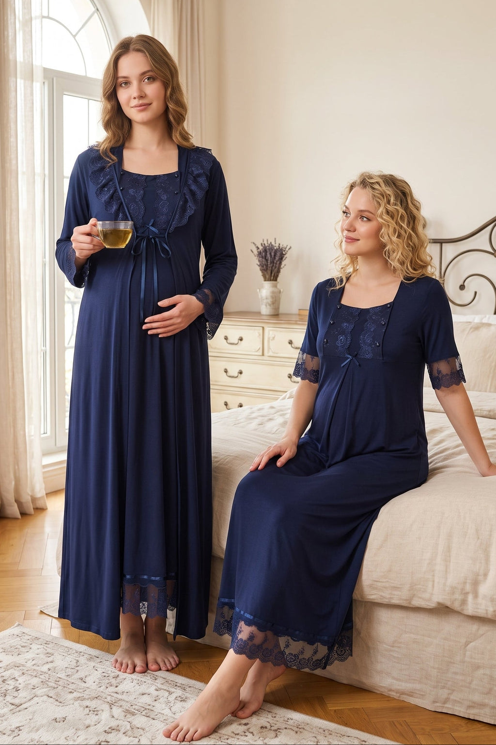 Lace Embroidered Maternity Feeding-Friendly Nightgown & Robe Set Navy Blue - T6035
