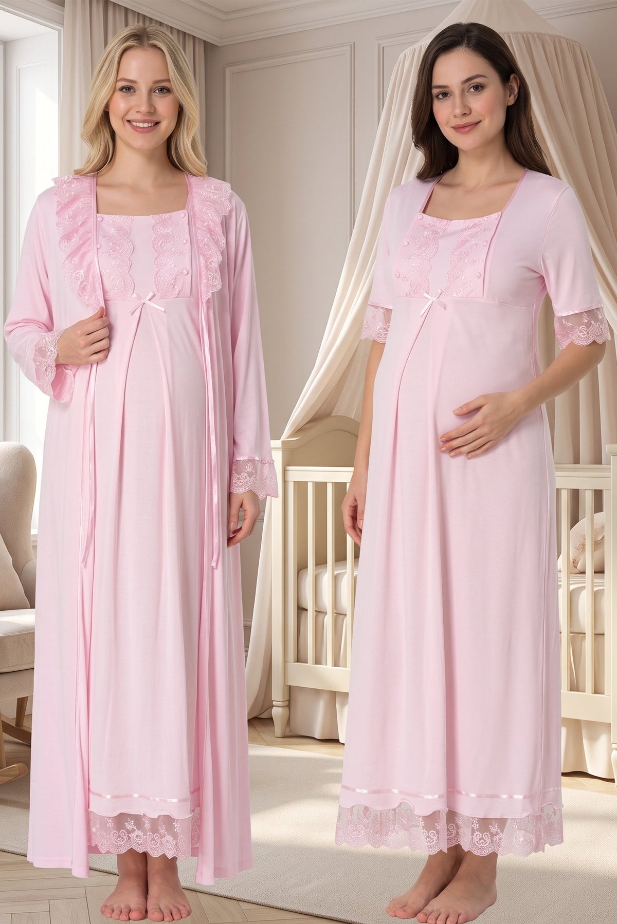 Lace Embroidered Maternity Feeding-Friendly Nightgown & Robe Set Pink - T6035