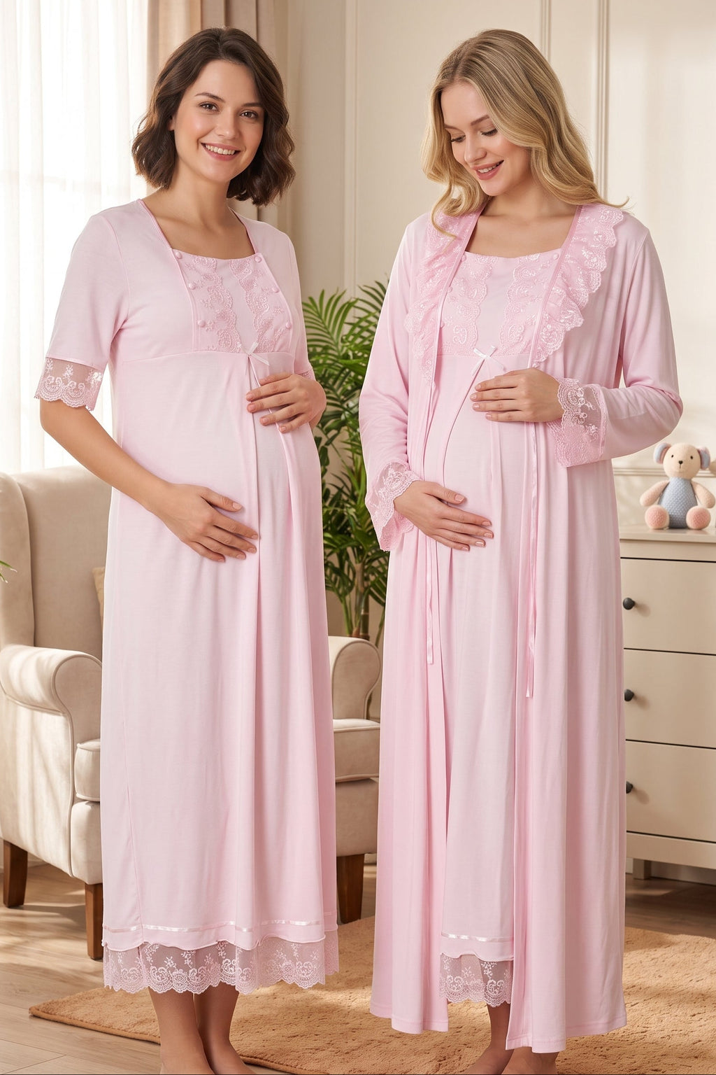Lace Embroidered Maternity Feeding-Friendly Nightgown & Robe Set Pink - T6035