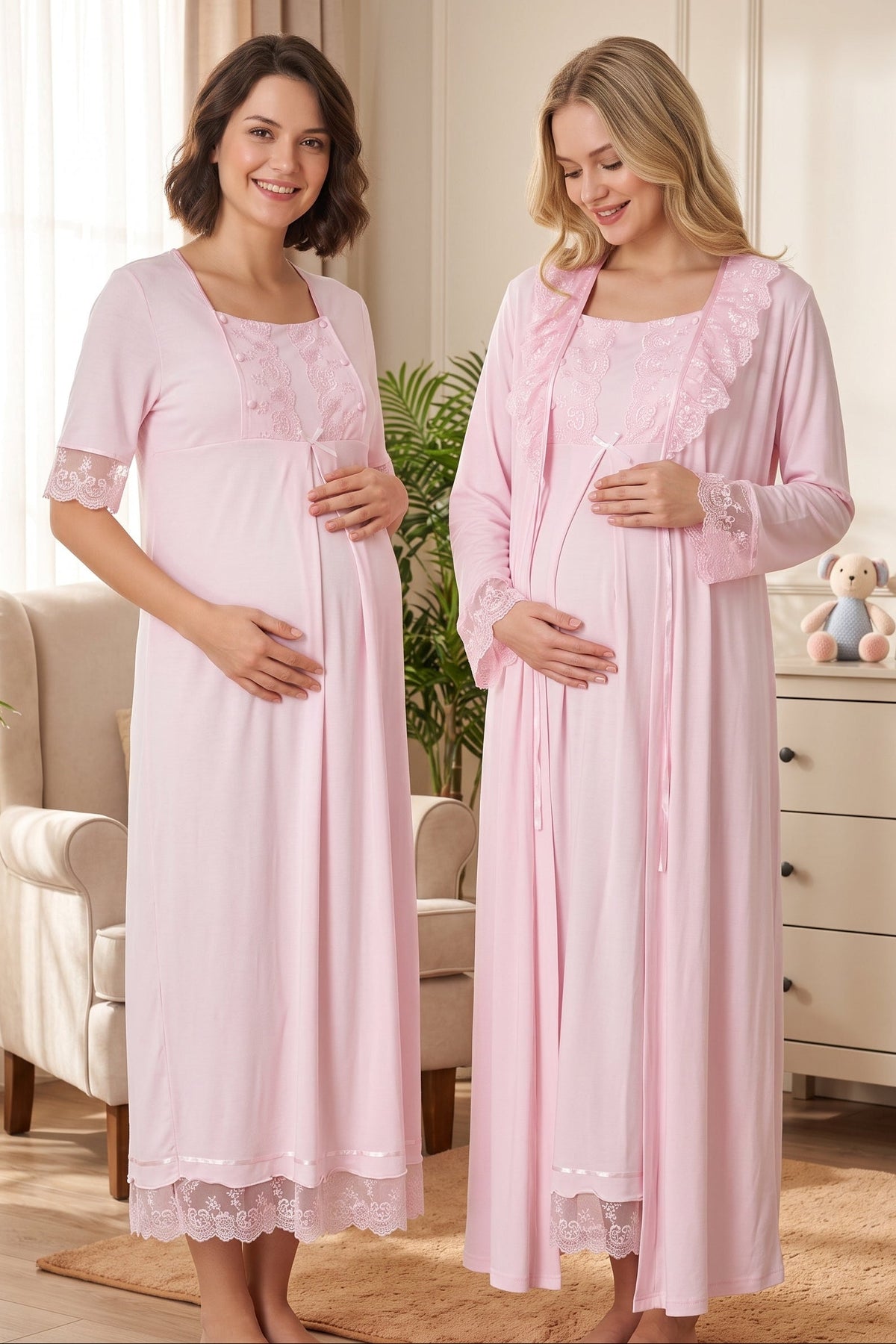 Lace Embroidered Maternity Feeding-Friendly Nightgown & Robe Set Pink - T6035