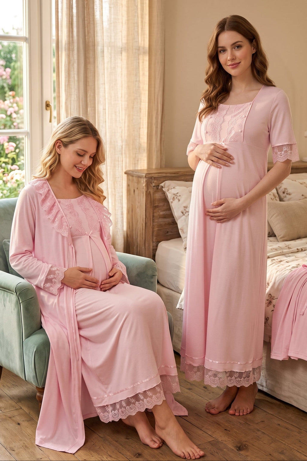 Lace Embroidered Maternity Feeding-Friendly Nightgown & Robe Set Pink - T6035