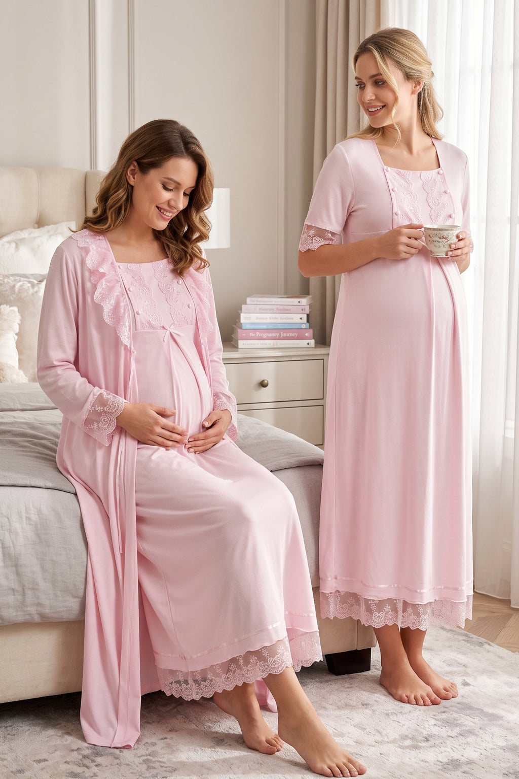 Lace Embroidered Maternity Feeding-Friendly Nightgown & Robe Set Pink - T6035