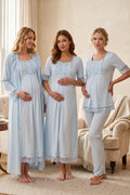 Lace Embroidered 4-Piece Maternity Feeding-Friendly Set Blue - T6036