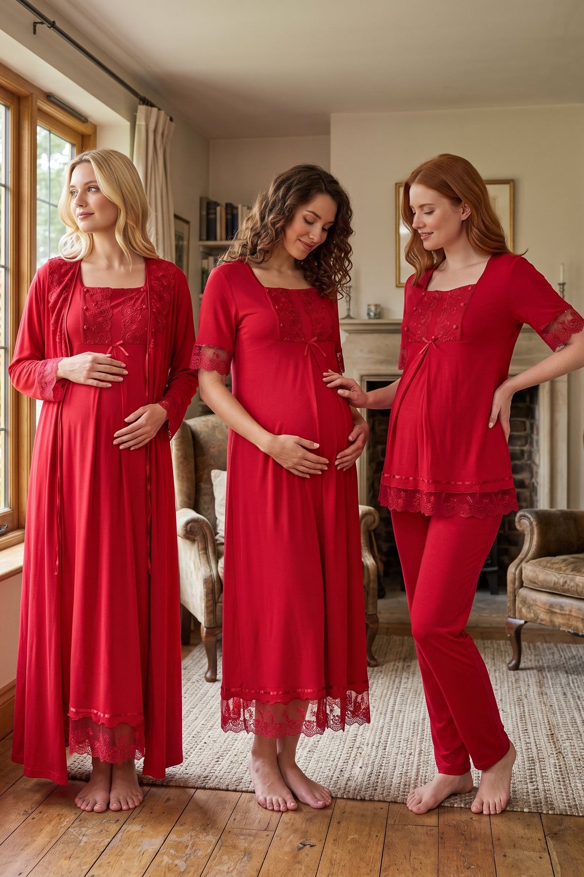 Lace Embroidered 4-Piece Maternity Feeding-Friendly Set Cherry - T6036