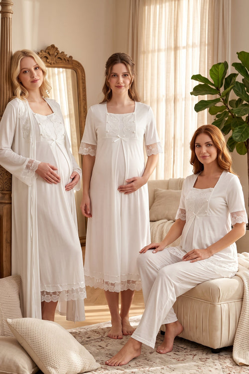 Lace Embroidered 4-Piece Maternity Feeding-Friendly Set Ecru - T6036