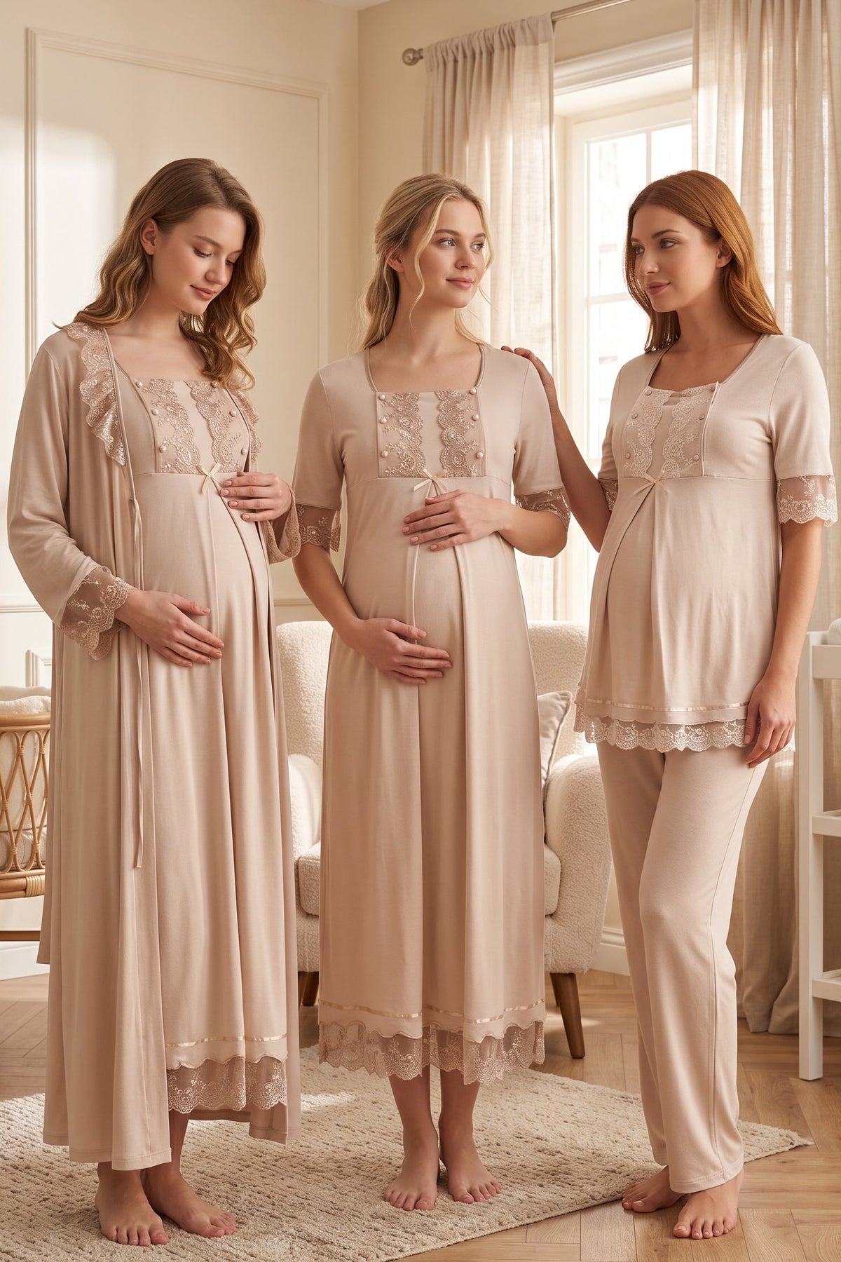 Lace Embroidered 4-Piece Maternity Feeding-Friendly Set Mink - T6036