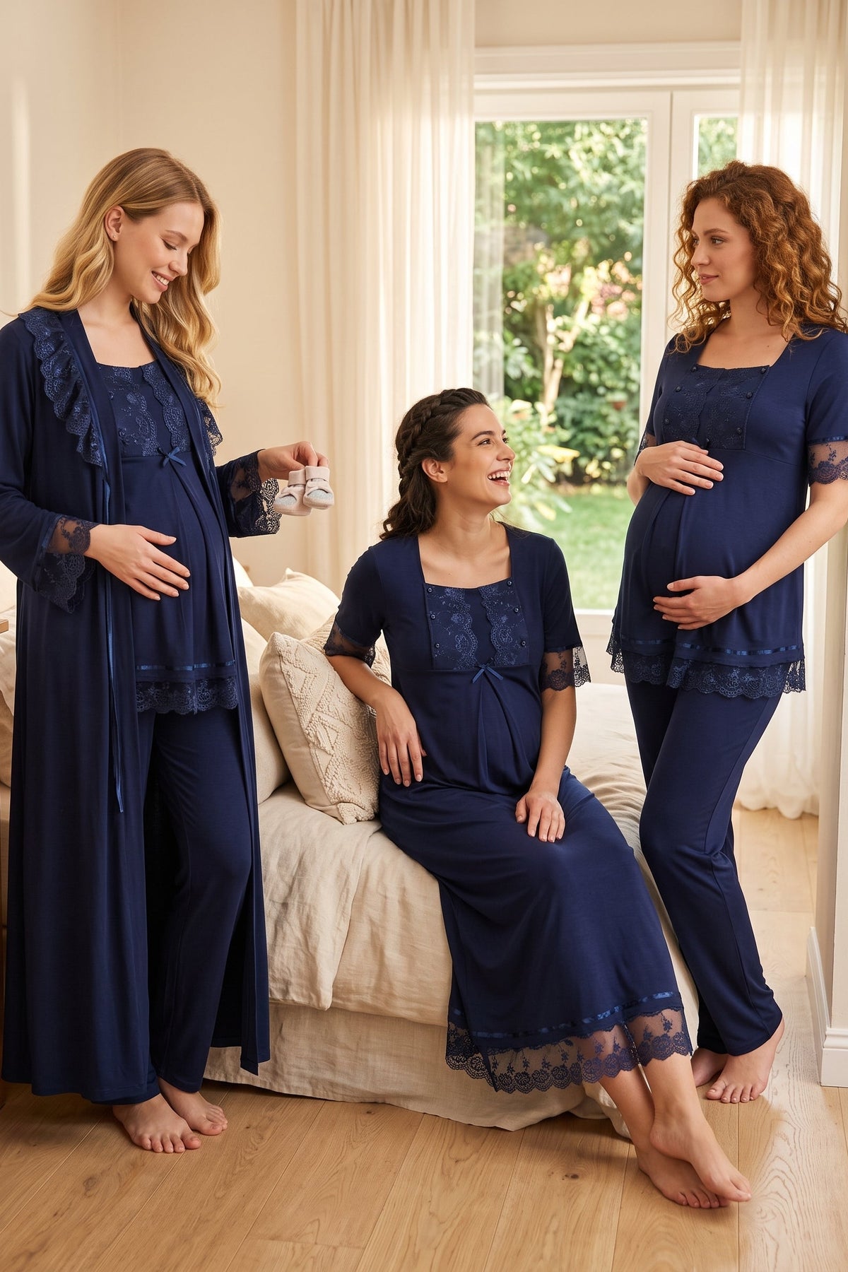 Lace Embroidered 4-Piece Maternity Feeding-Friendly Set Navy Blue - T6036