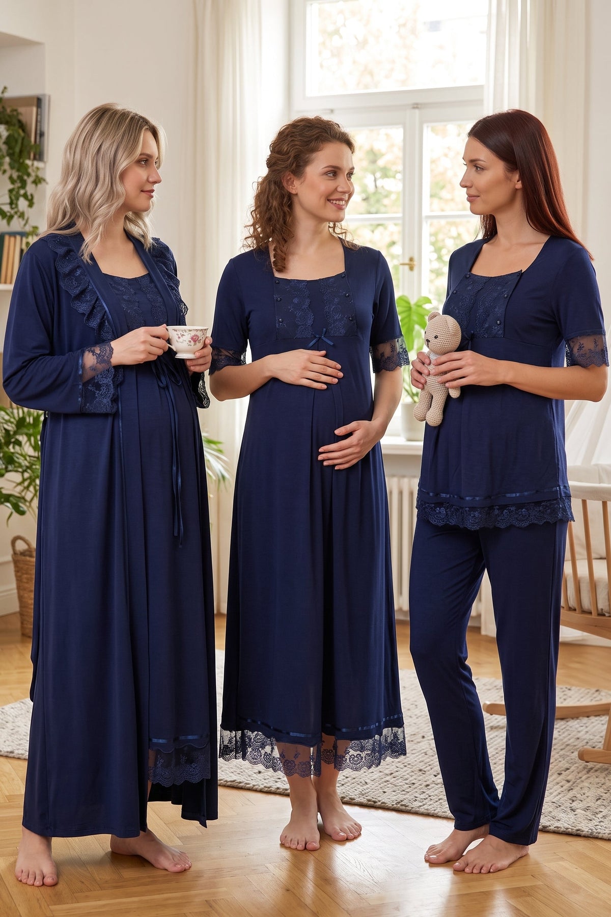 Lace Embroidered 4-Piece Maternity Feeding-Friendly Set Navy Blue - T6036