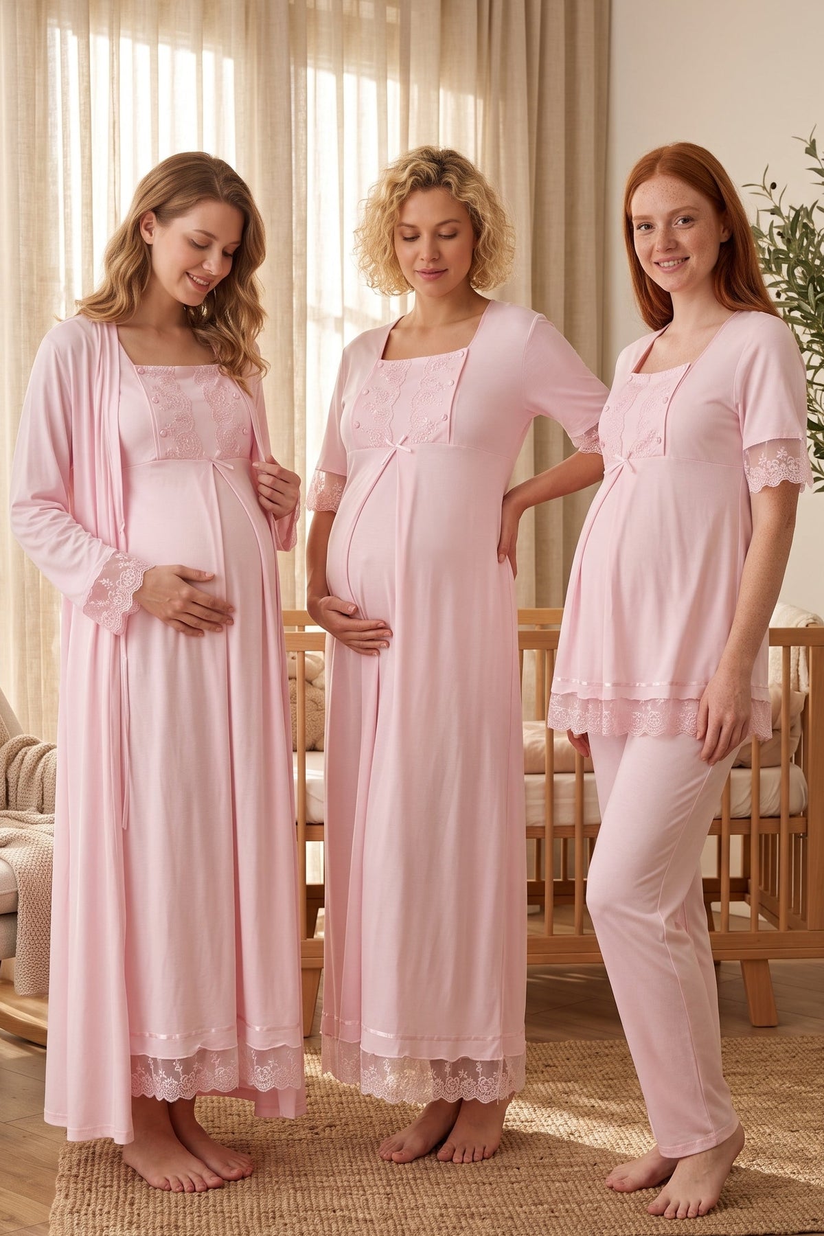Lace Embroidered 4-Piece Maternity Feeding-Friendly Set Pink - T6036