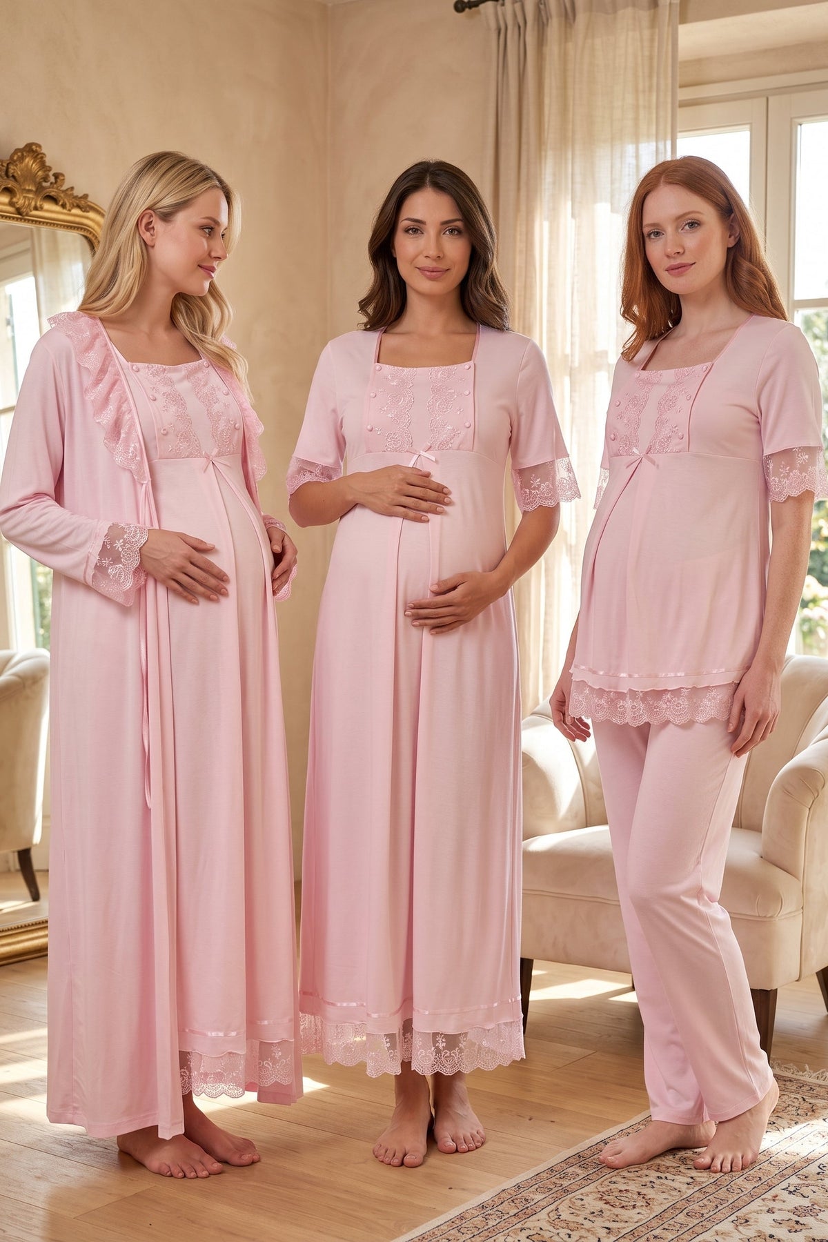 Lace Embroidered 4-Piece Maternity Feeding-Friendly Set Pink - T6036