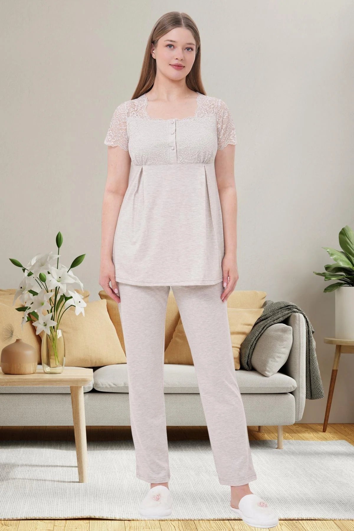 Lace Shoulder Maternity Feeding-Friendly Pajama Set Mink - C6056