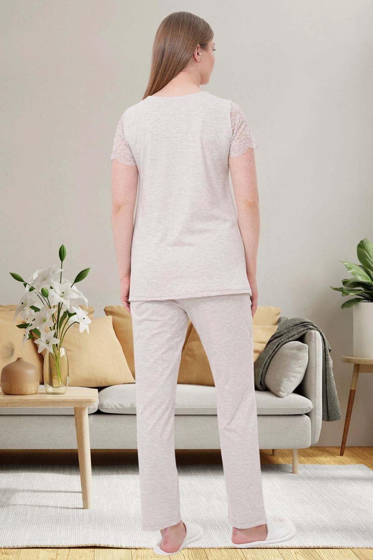 Lace Shoulder Maternity Feeding-Friendly Pajama Set Mink - C6056