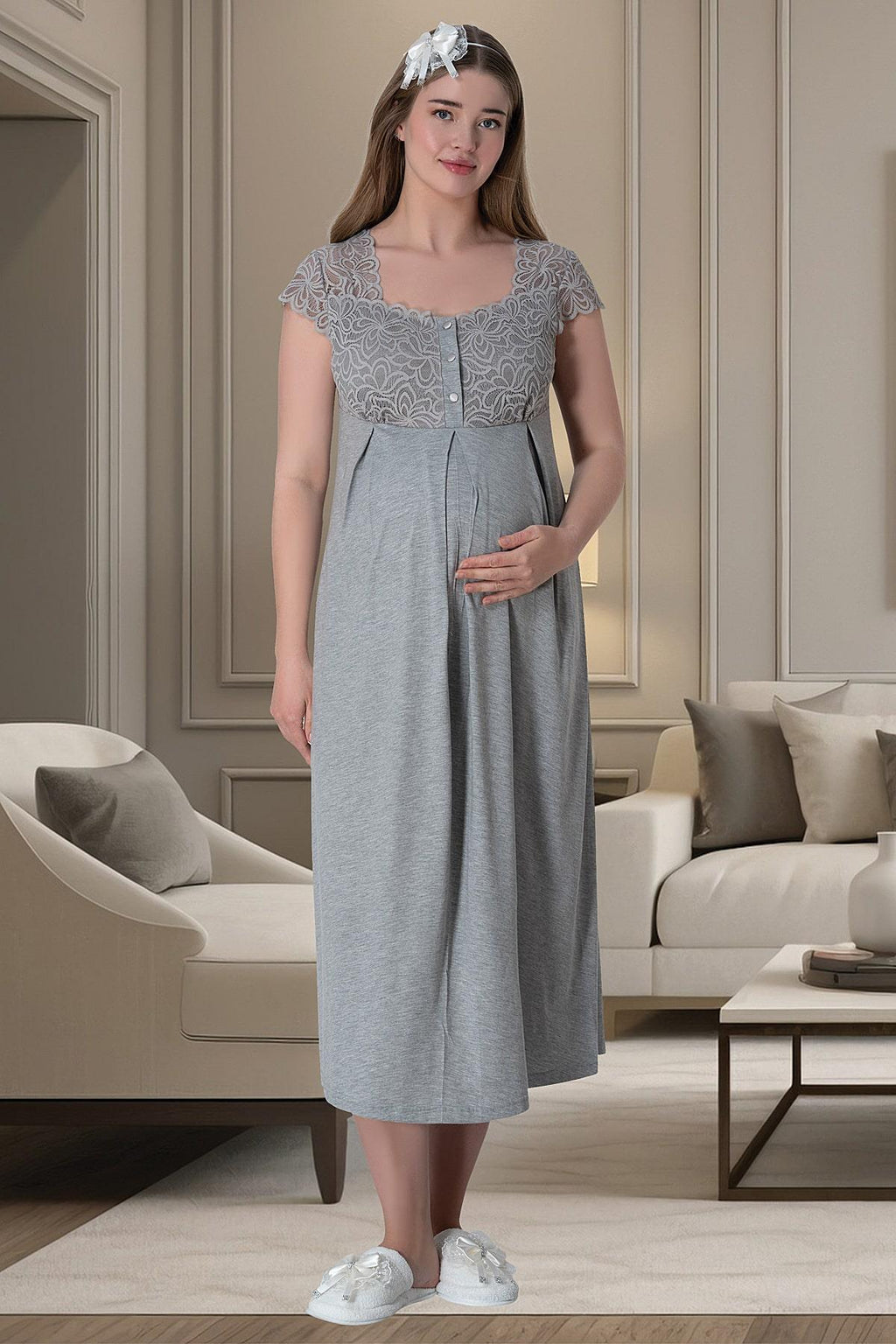 Lace Shoulder Maternity Feeding-Friendly Nightgown & Robe Set Grey - C6007
