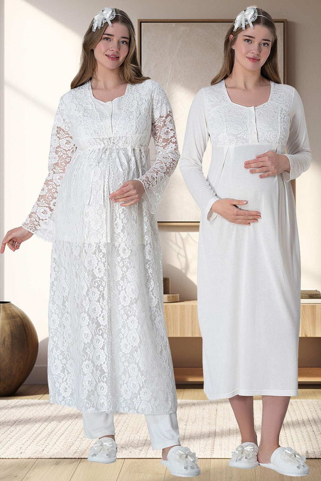 Lace Long Lez Lacy 4-Piece Maternity Feeding-Friendly Set Ecru - C6060