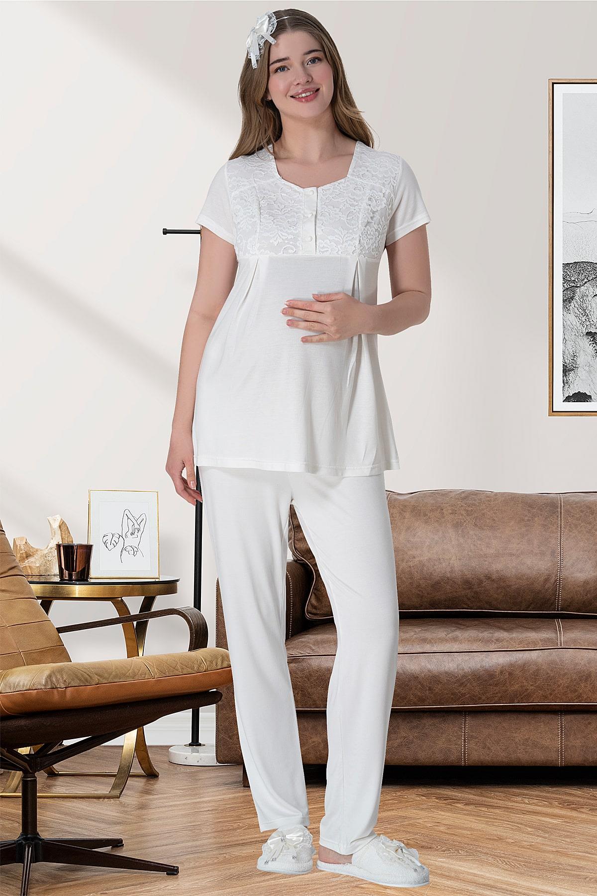 Lace Long Lez Lacy 4-Piece Maternity Feeding-Friendly Set Ecru - C6060