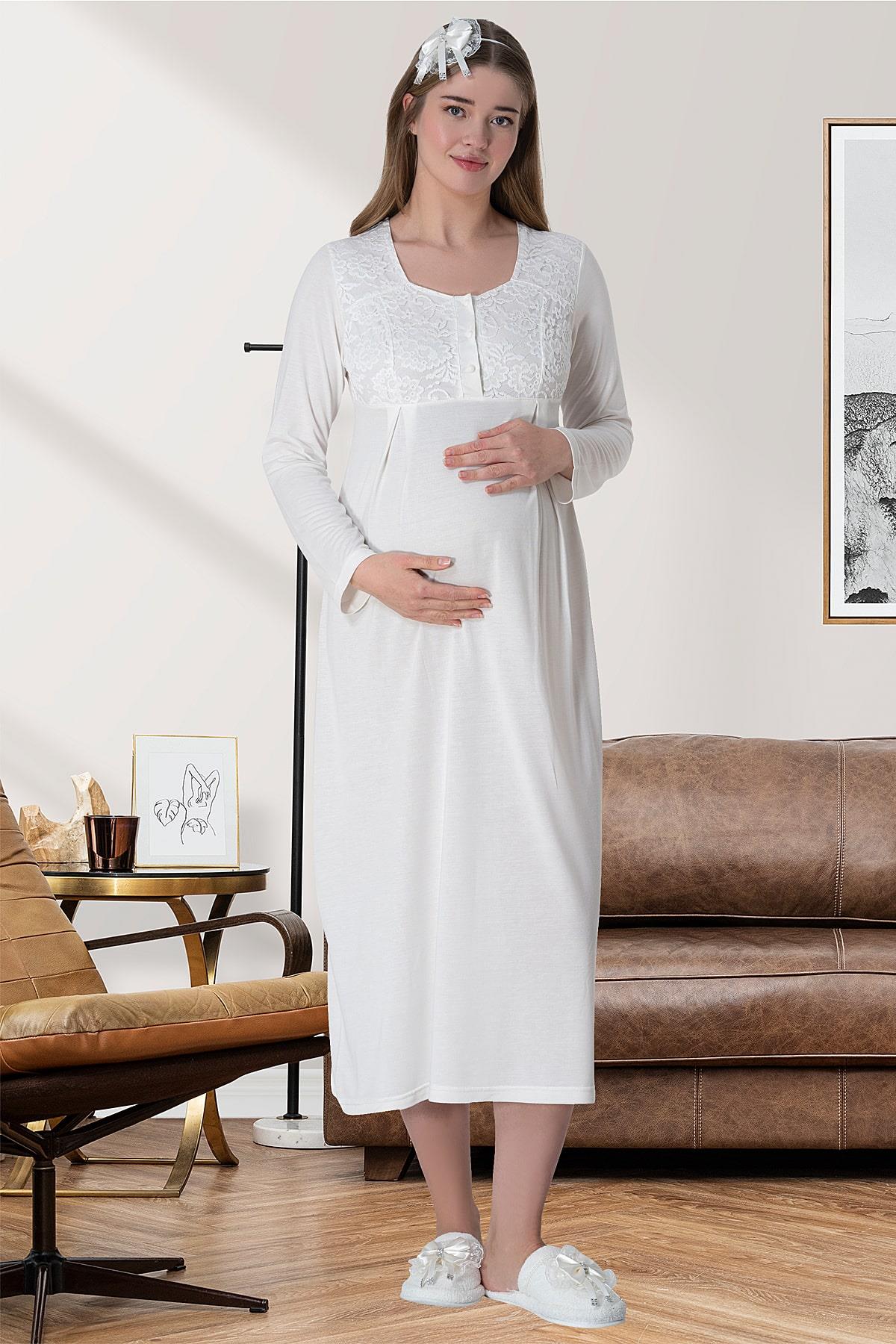 Lace Long Lez Lacy 4-Piece Maternity Feeding-Friendly Set Ecru - C6060