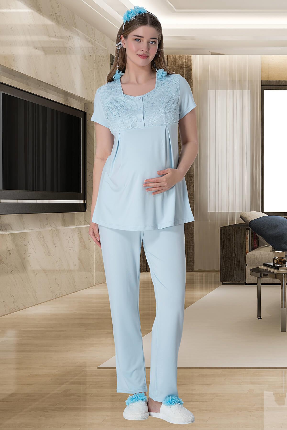 Lace Long Lez Lacy 4-Piece Maternity Feeding-Friendly Set Blue - C6060