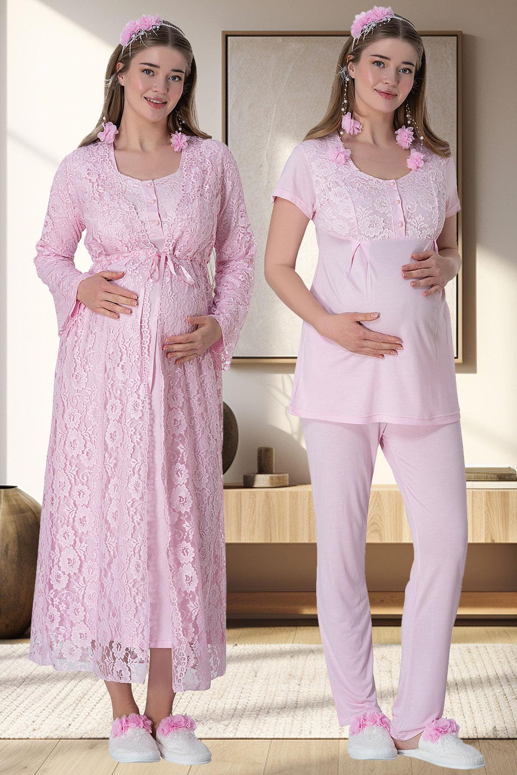 Lace Long Lez Lacy 4-Piece Maternity Feeding-Friendly Set Pink - C6060