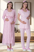 Lace Long Lez Lacy 4-Piece Maternity Feeding-Friendly Set Pink - C6060