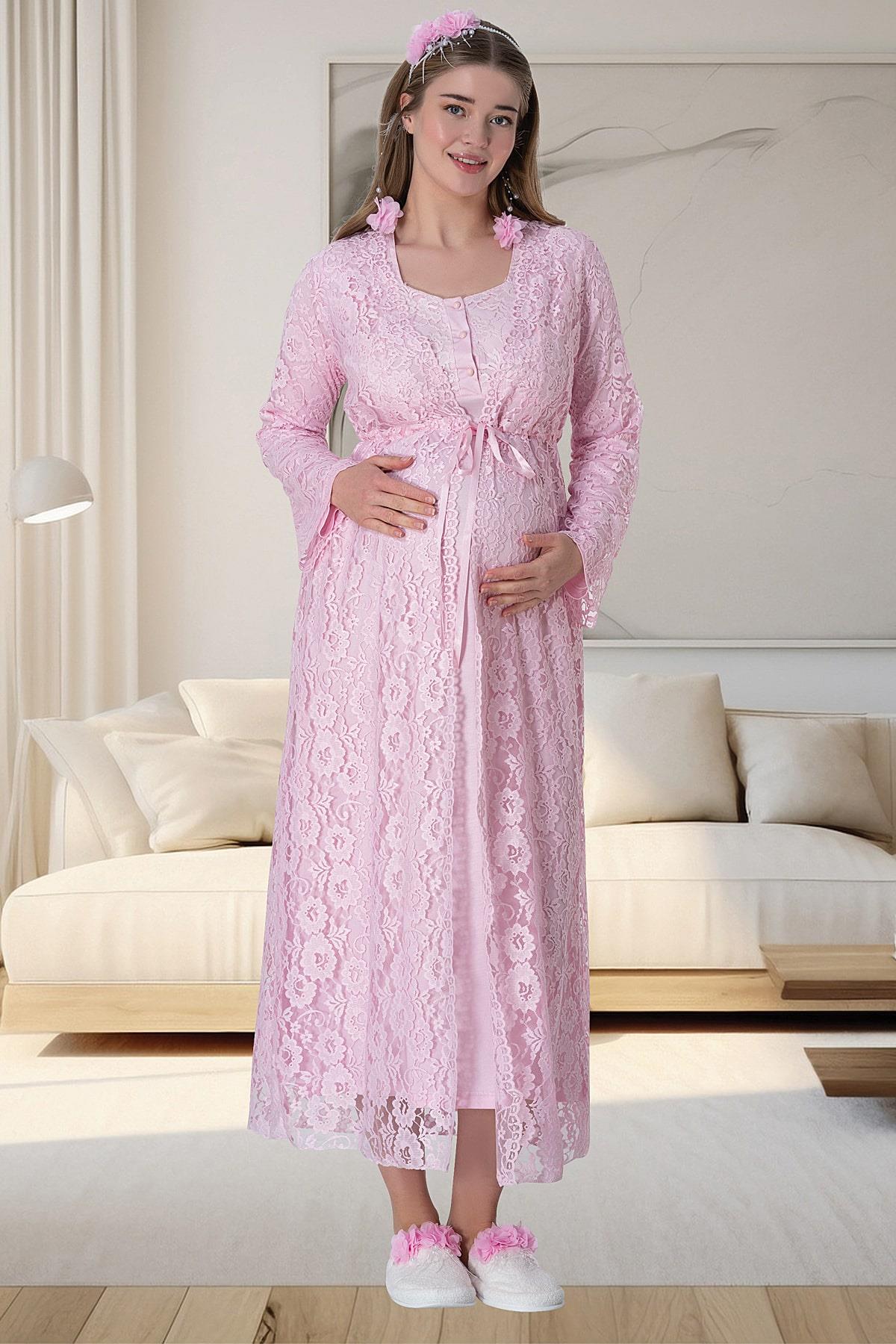 Lace Long Lez Lacy 4-Piece Maternity Feeding-Friendly Set Pink - C6060