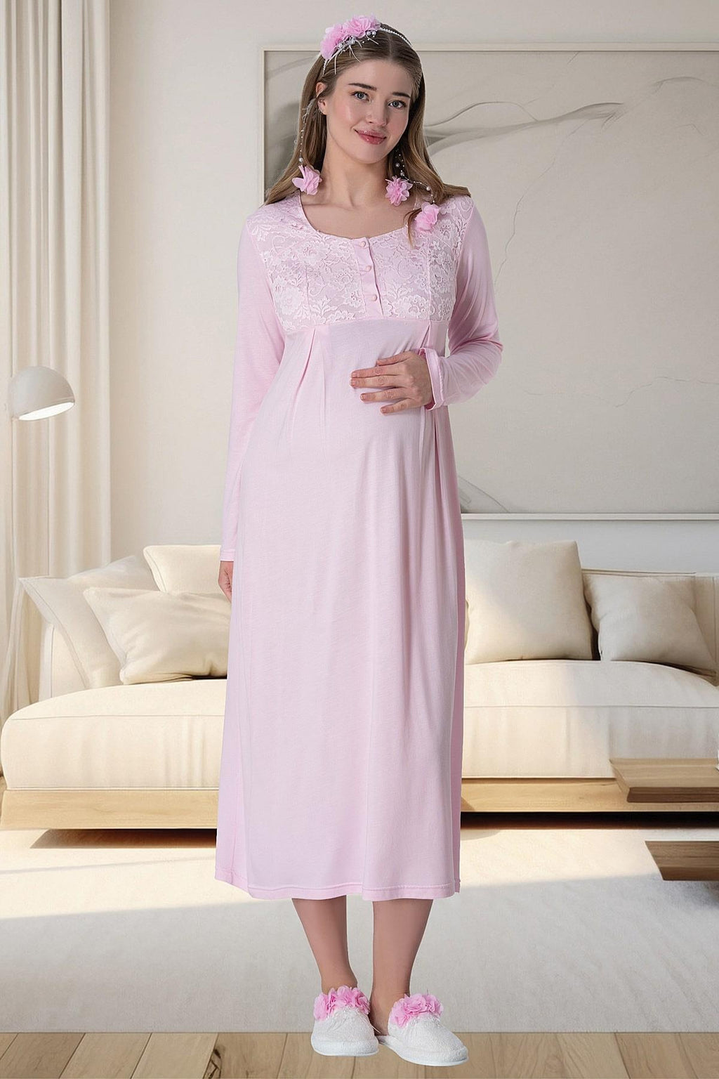 Lace Long Lez Lacy 4-Piece Maternity Feeding-Friendly Set Pink - C6060