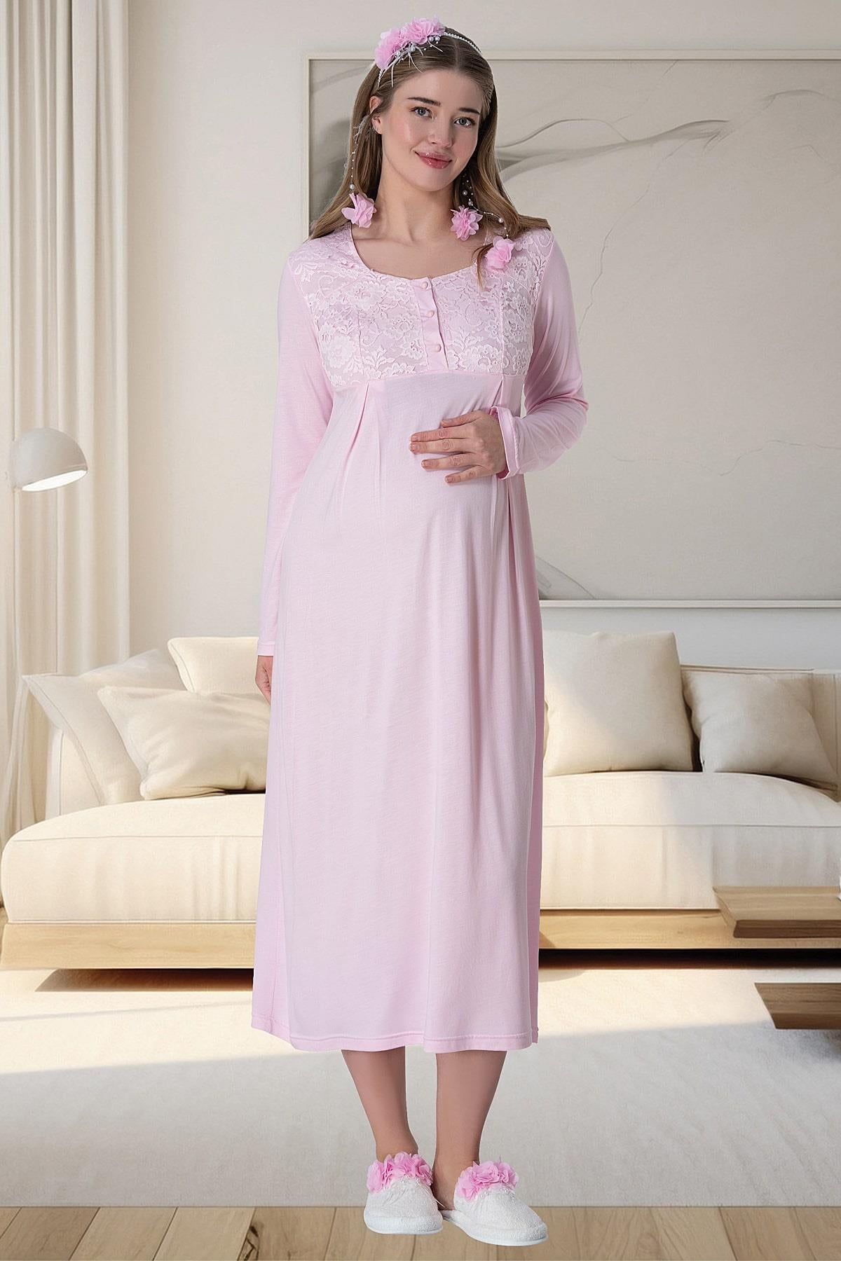 Lace Long Lez Lacy 4-Piece Maternity Feeding-Friendly Set Pink - C6060