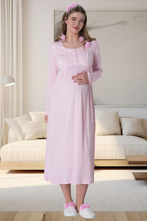 Lace Long Lez Lacy 4-Piece Maternity Feeding-Friendly Set Pink - C6060