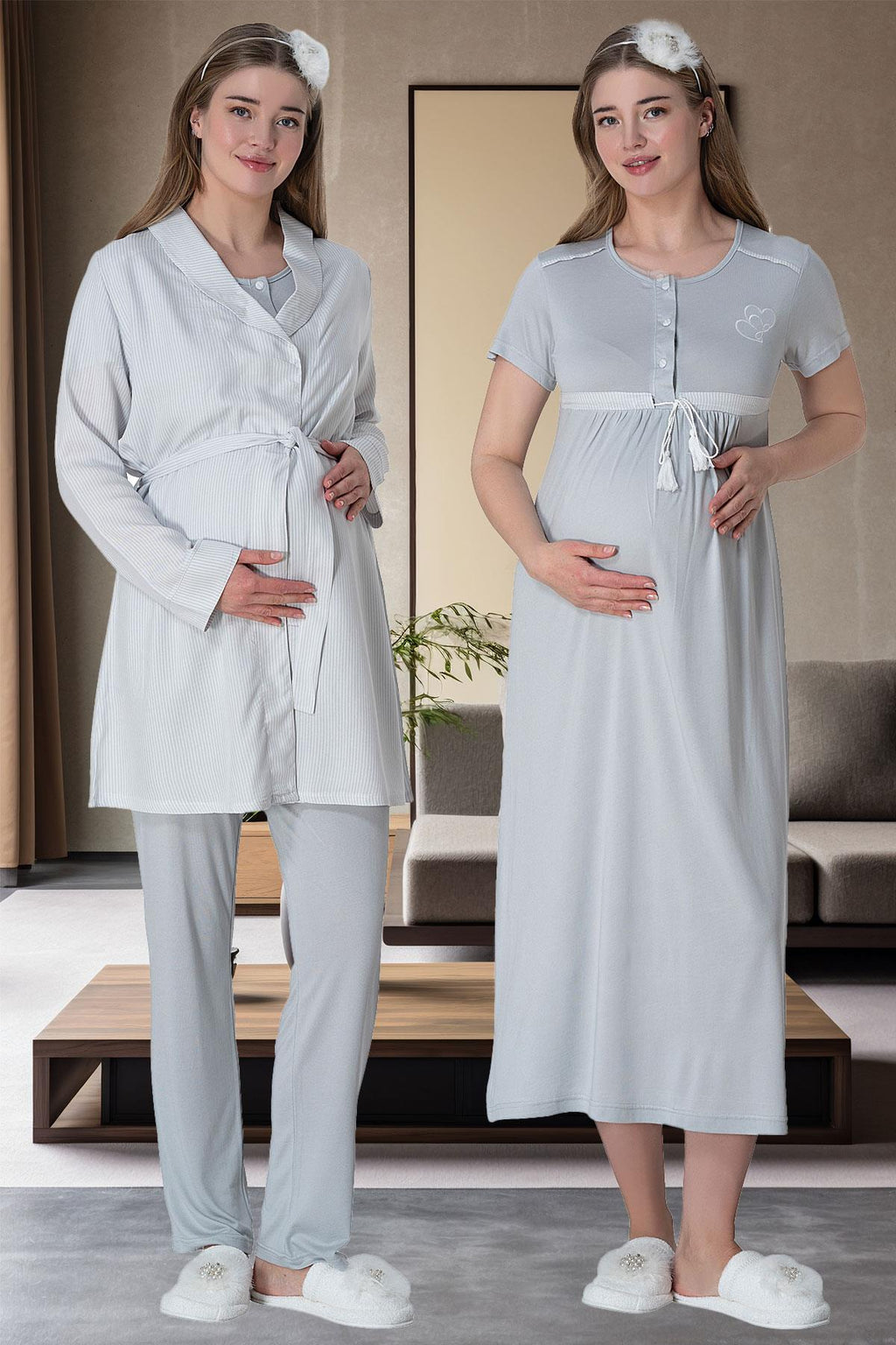 Bow Striped 4-Piece Maternity Feeding-Friendly Set Grey - C6061