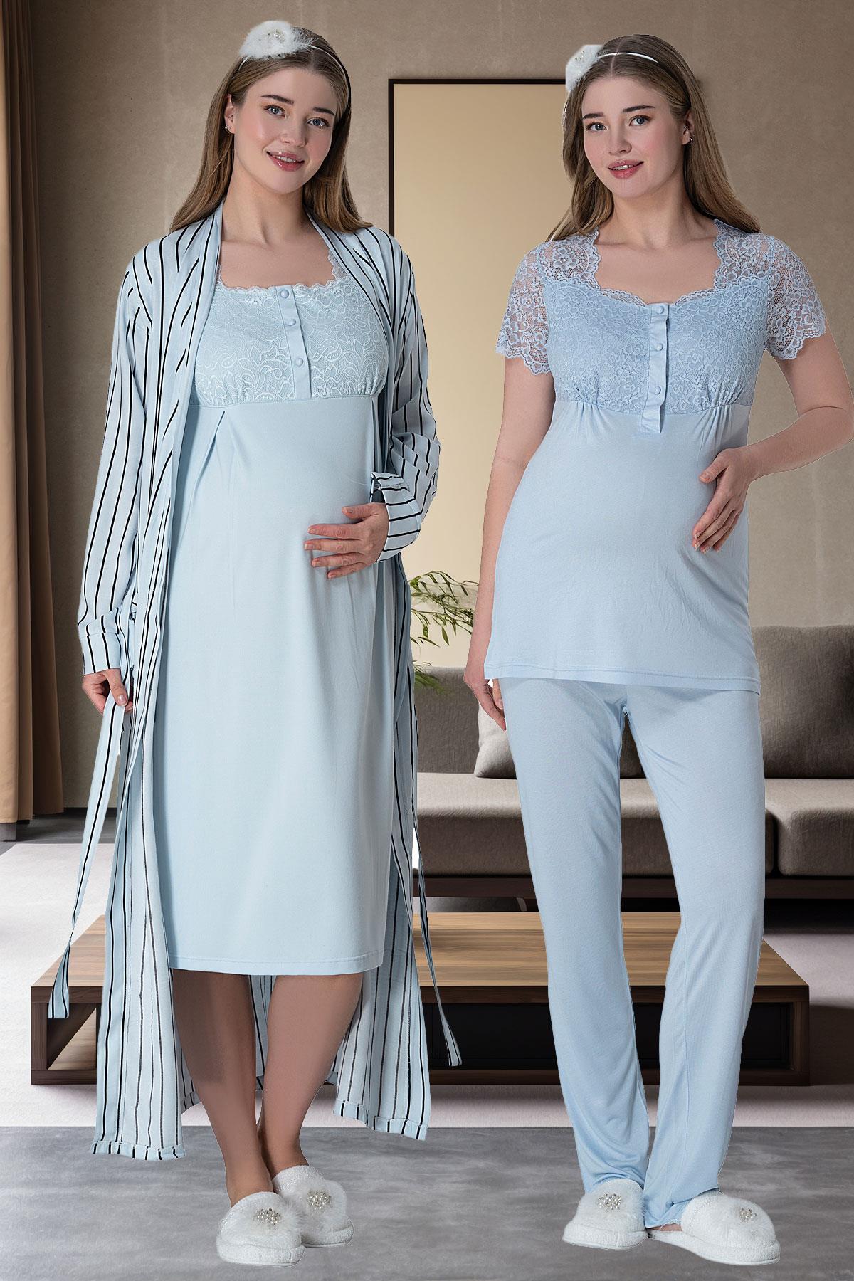 Stripe Lace Shoulder 4-Piece Maternity Feeding-Friendly Set Blue - C6063