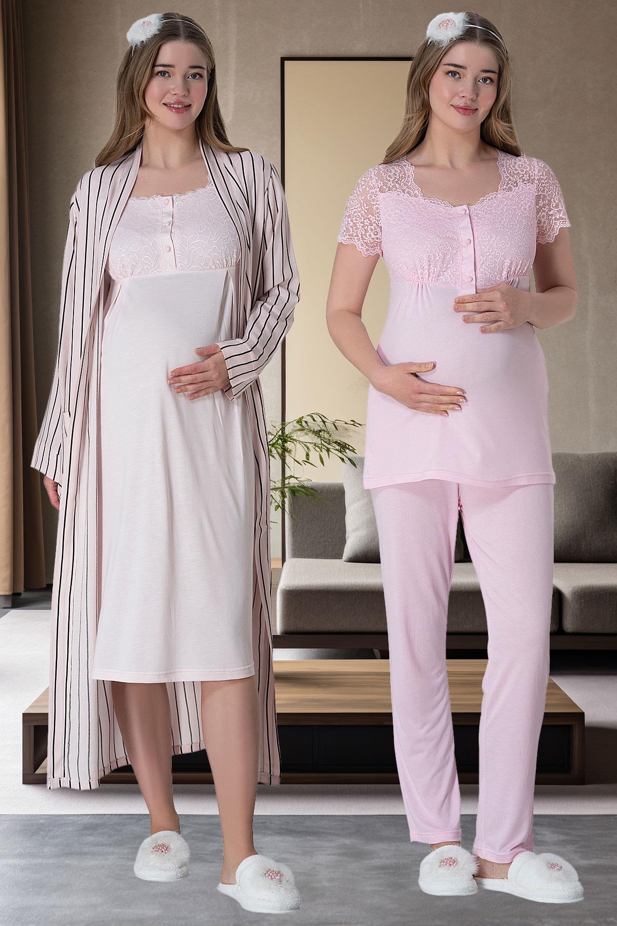 Stripe Lace Shoulder 4-Piece Maternity Feeding-Friendly Set Pink - C6063