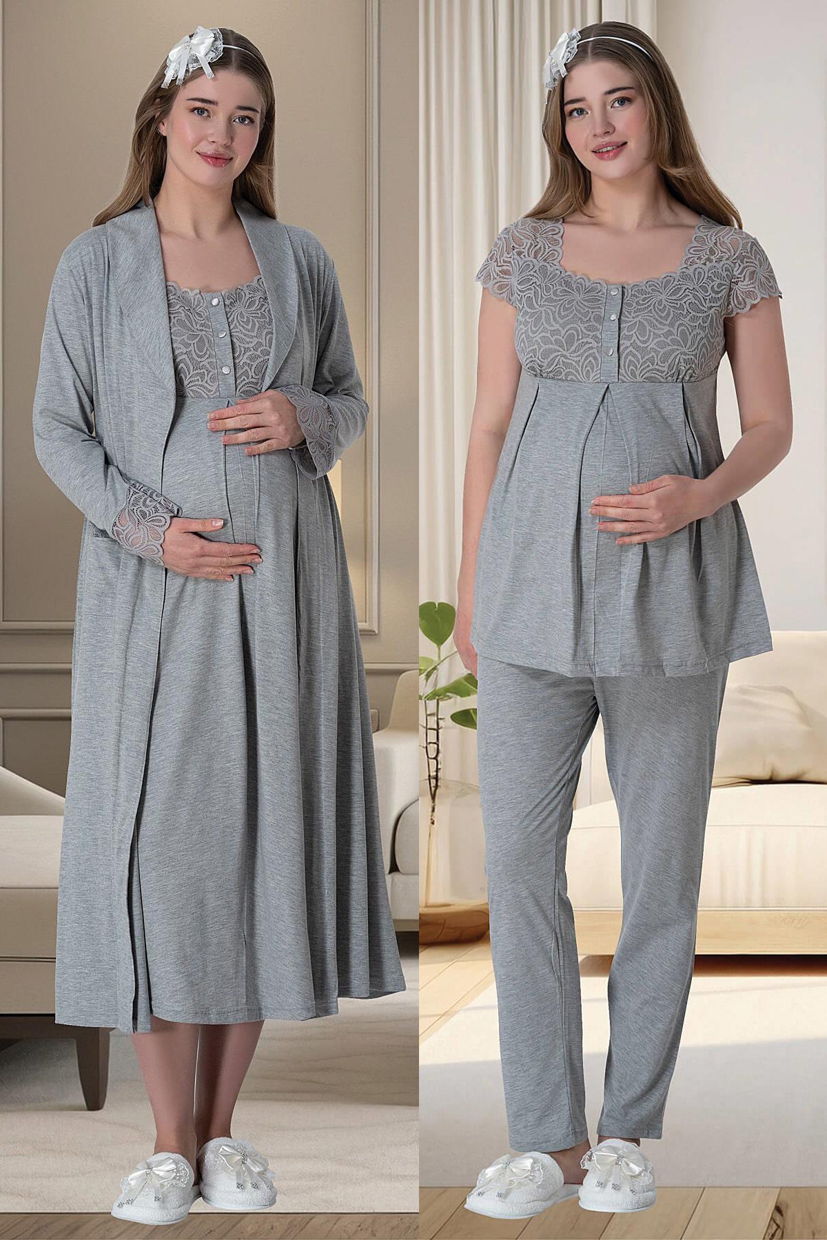 Lace Shoulder 4-Piece Maternity Feeding-Friendly Set Grey - C6066