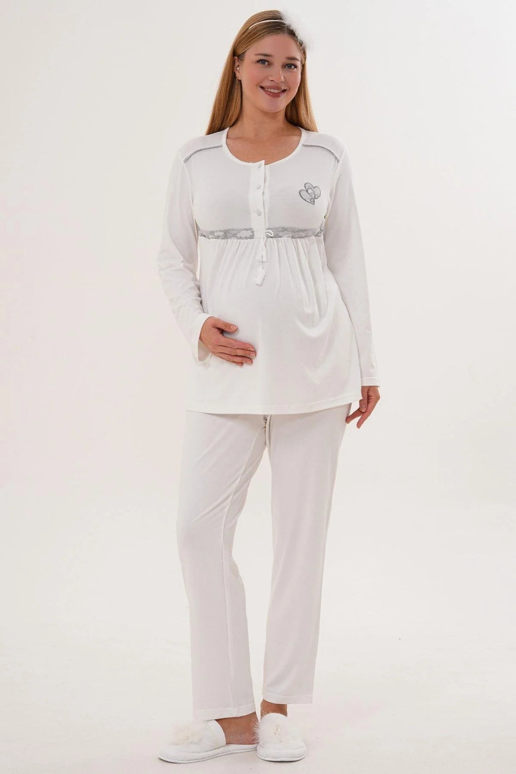 Heart Printed 3-Piece Maternity Feeding-Friendly Pajama & Patterned Robe Set Grey - C6100