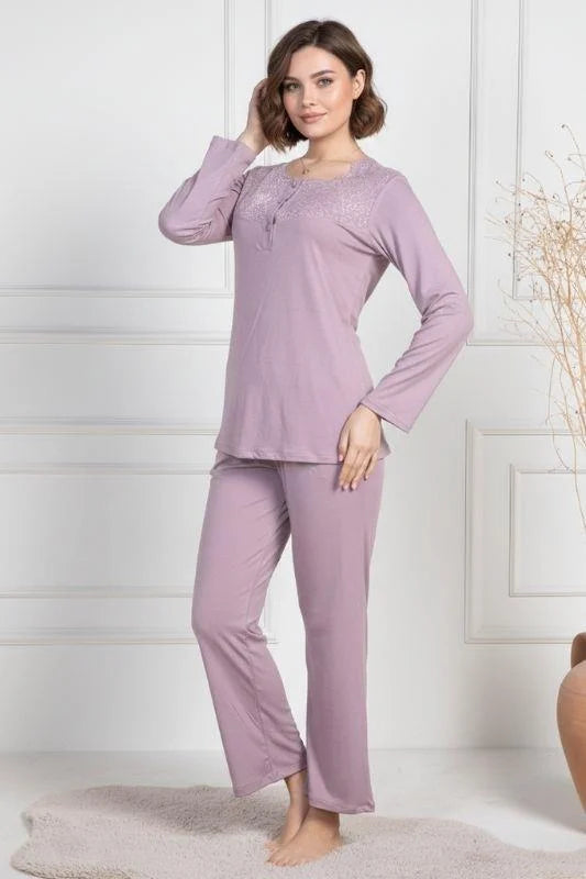 Lace Collar Maternity Feeding-Friendly Pajama Set Dried Rose - C6104