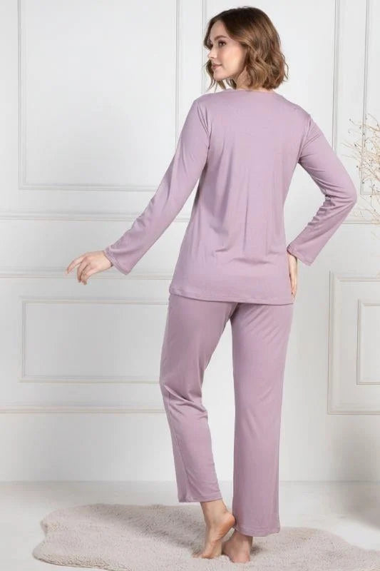 Lace Collar Maternity Feeding-Friendly Pajama Set Dried Rose - C6104