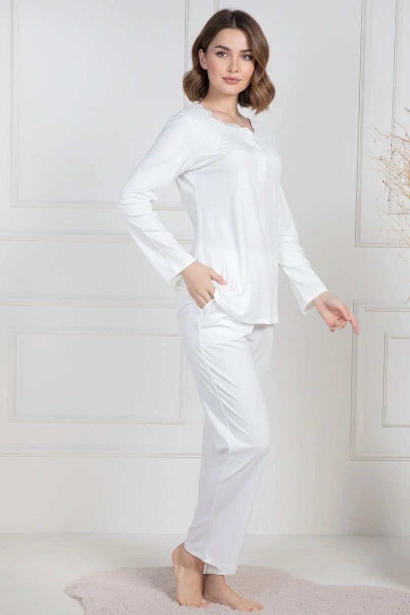 Lace Collar Maternity Feeding-Friendly Pajama Set Ecru - C6104