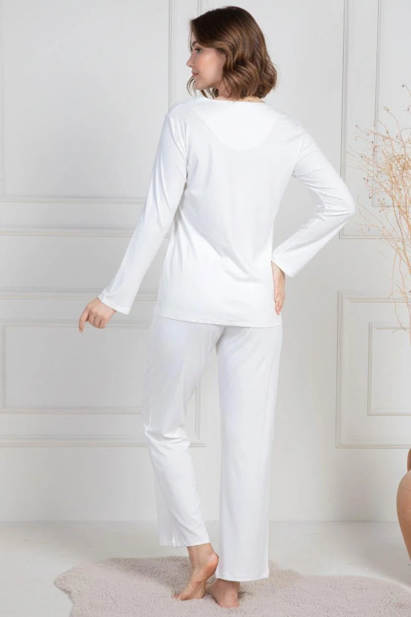 Lace Collar Maternity Feeding-Friendly Pajama Set Ecru - C6104