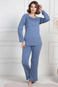 Lace Collar Maternity Feeding-Friendly Pajama Set Indigo - C6104