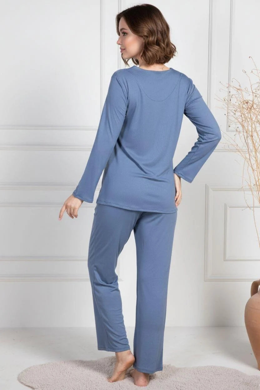 Lace Collar Maternity Feeding-Friendly Pajama Set Indigo - C6104