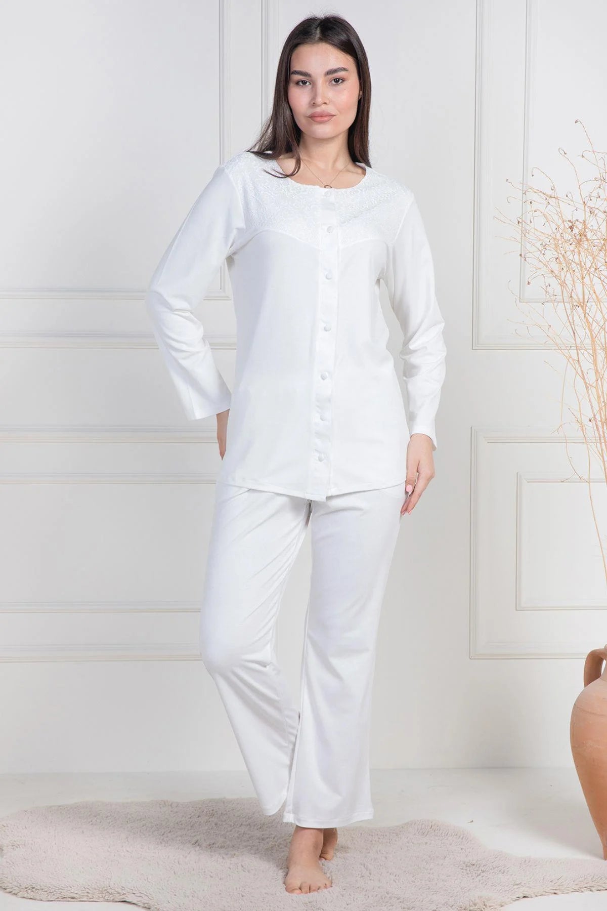 Lace Collar Buttoned Maternity Feeding-Friendly Pajama Set Ecru - C6105