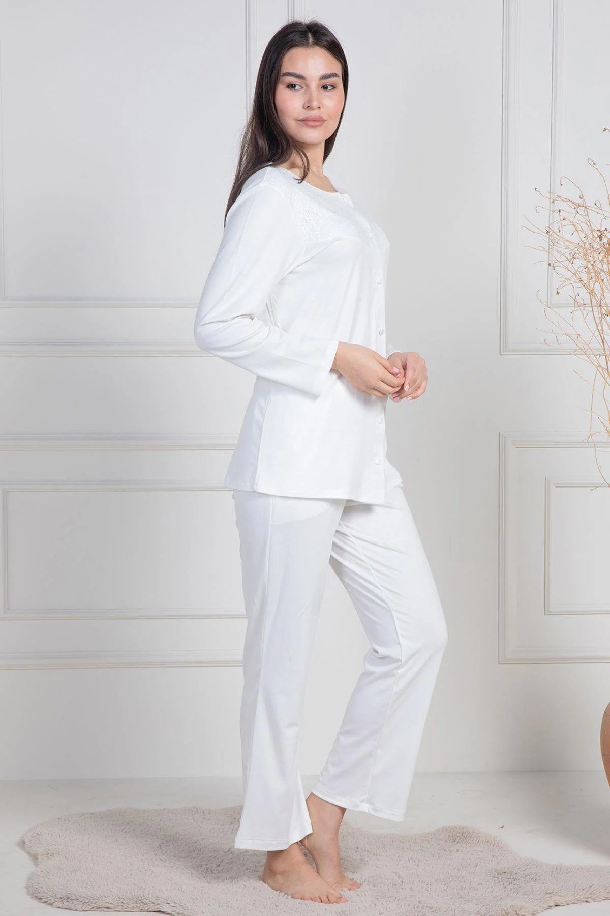 Lace Collar Buttoned Maternity Feeding-Friendly Pajama Set Ecru - C6105