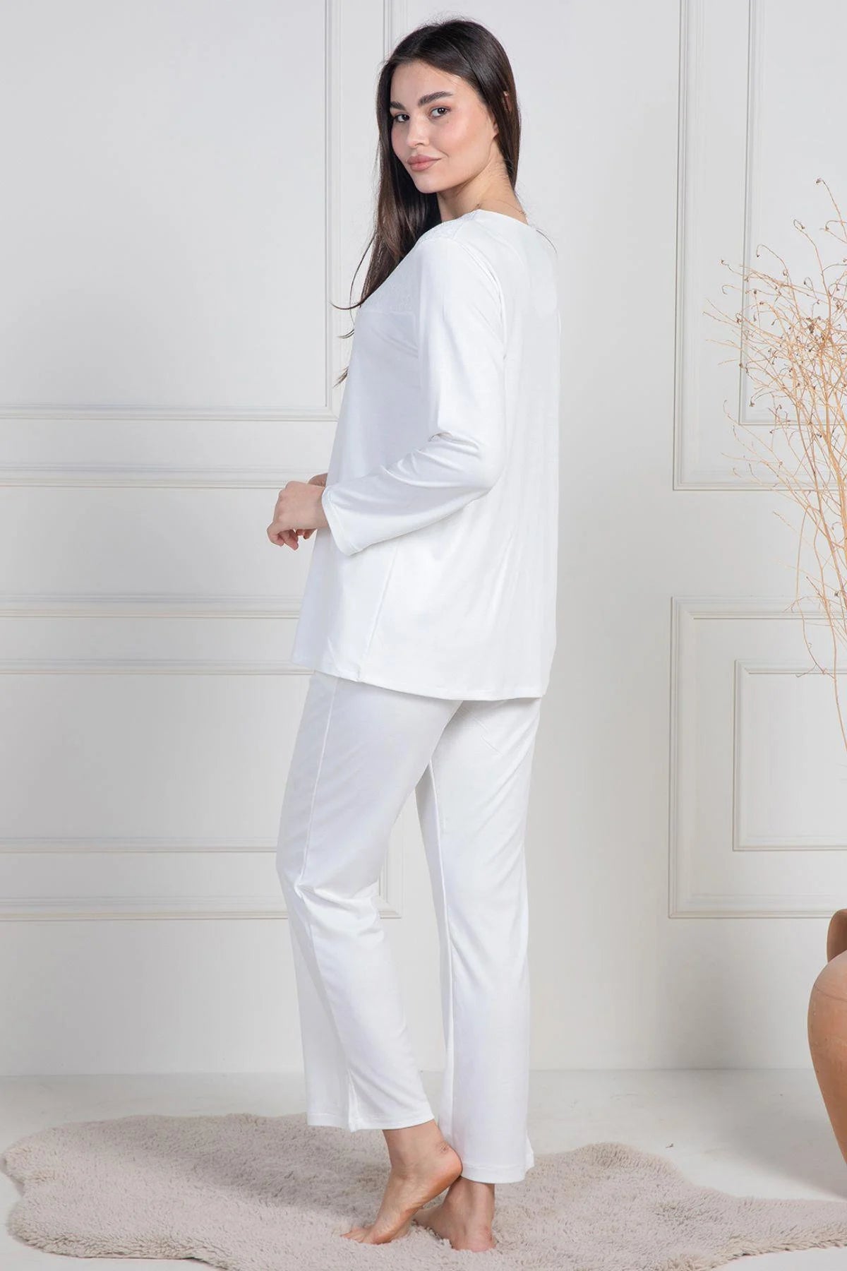 Lace Collar Buttoned Maternity Feeding-Friendly Pajama Set Ecru - C6105