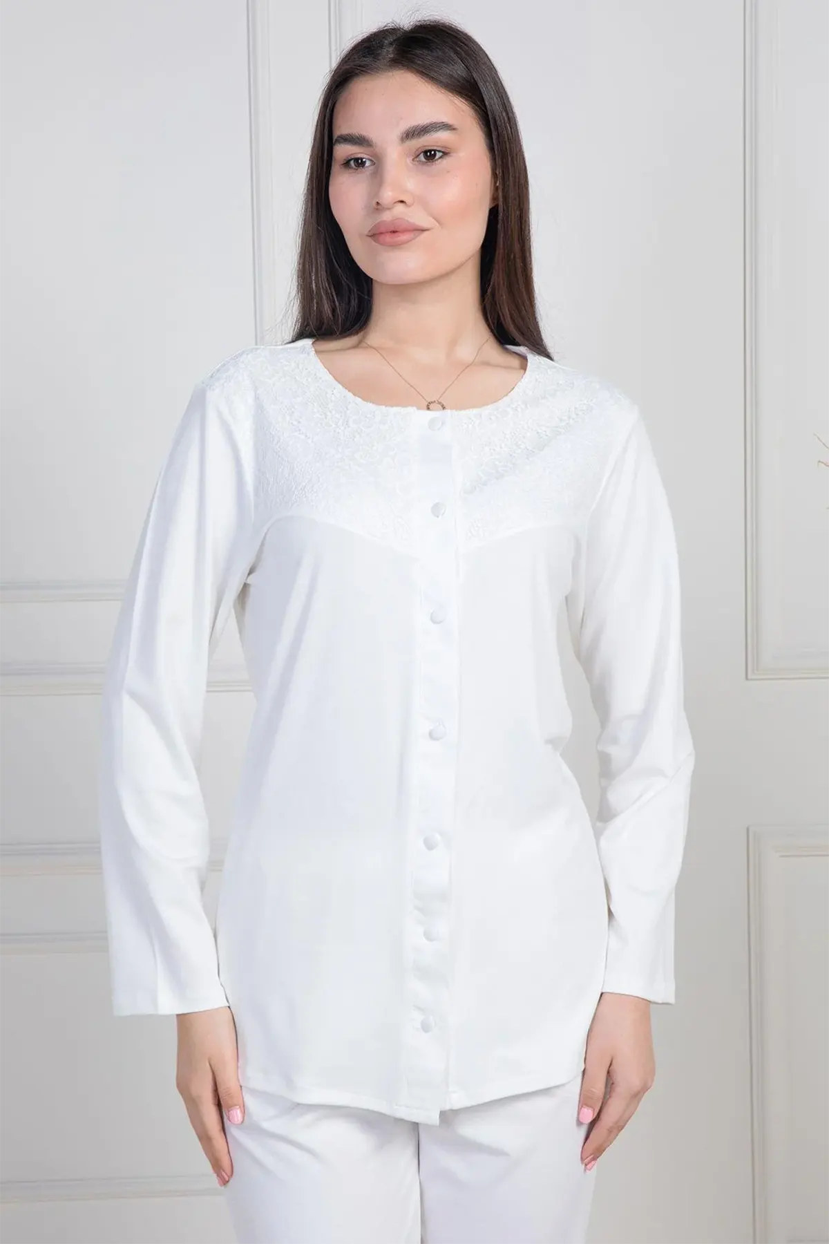 Lace Collar Buttoned Maternity Feeding-Friendly Pajama Set Ecru - C6105