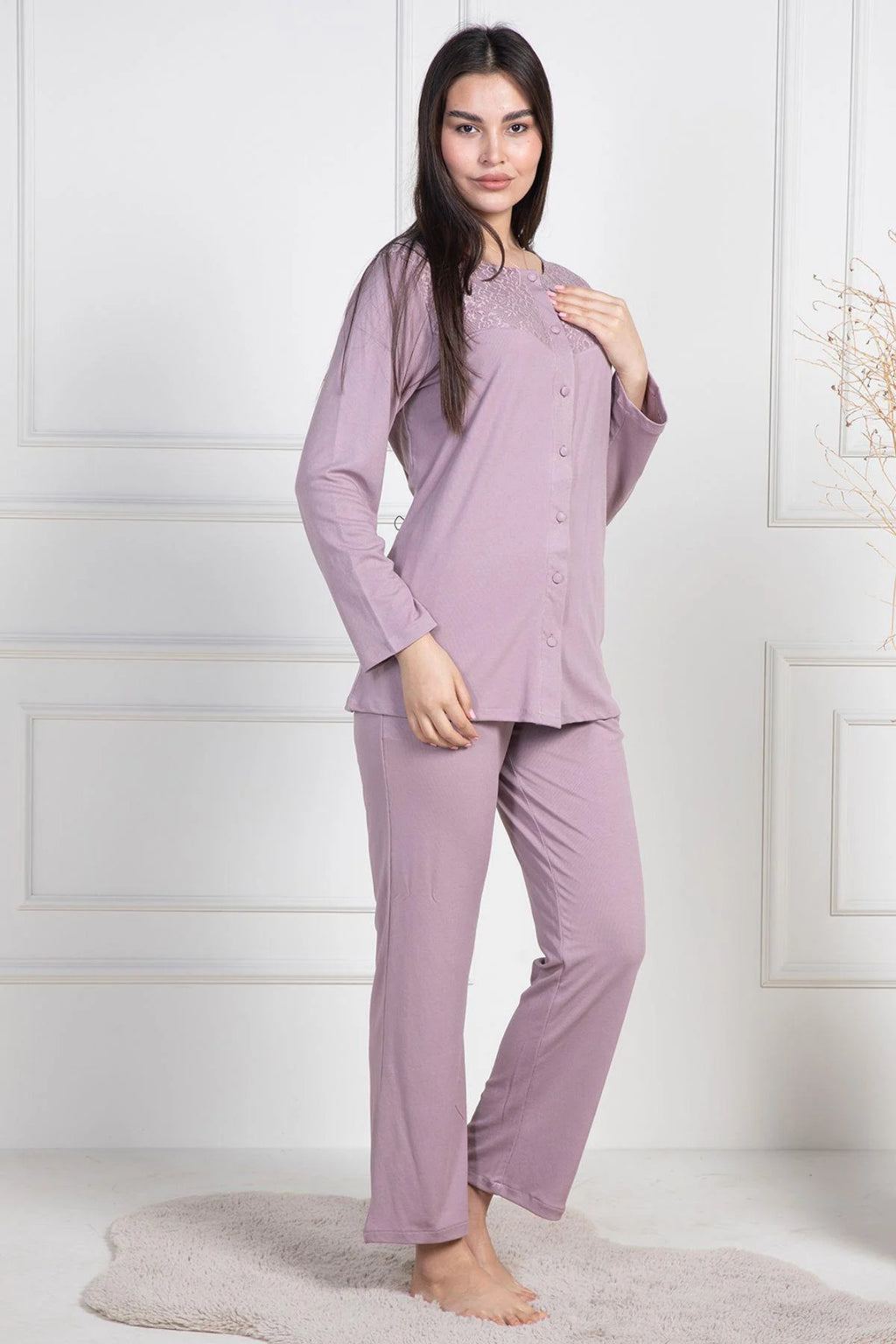 Lace Collar Buttoned Maternity Feeding-Friendly Pajama Set Dried Rose - C6105